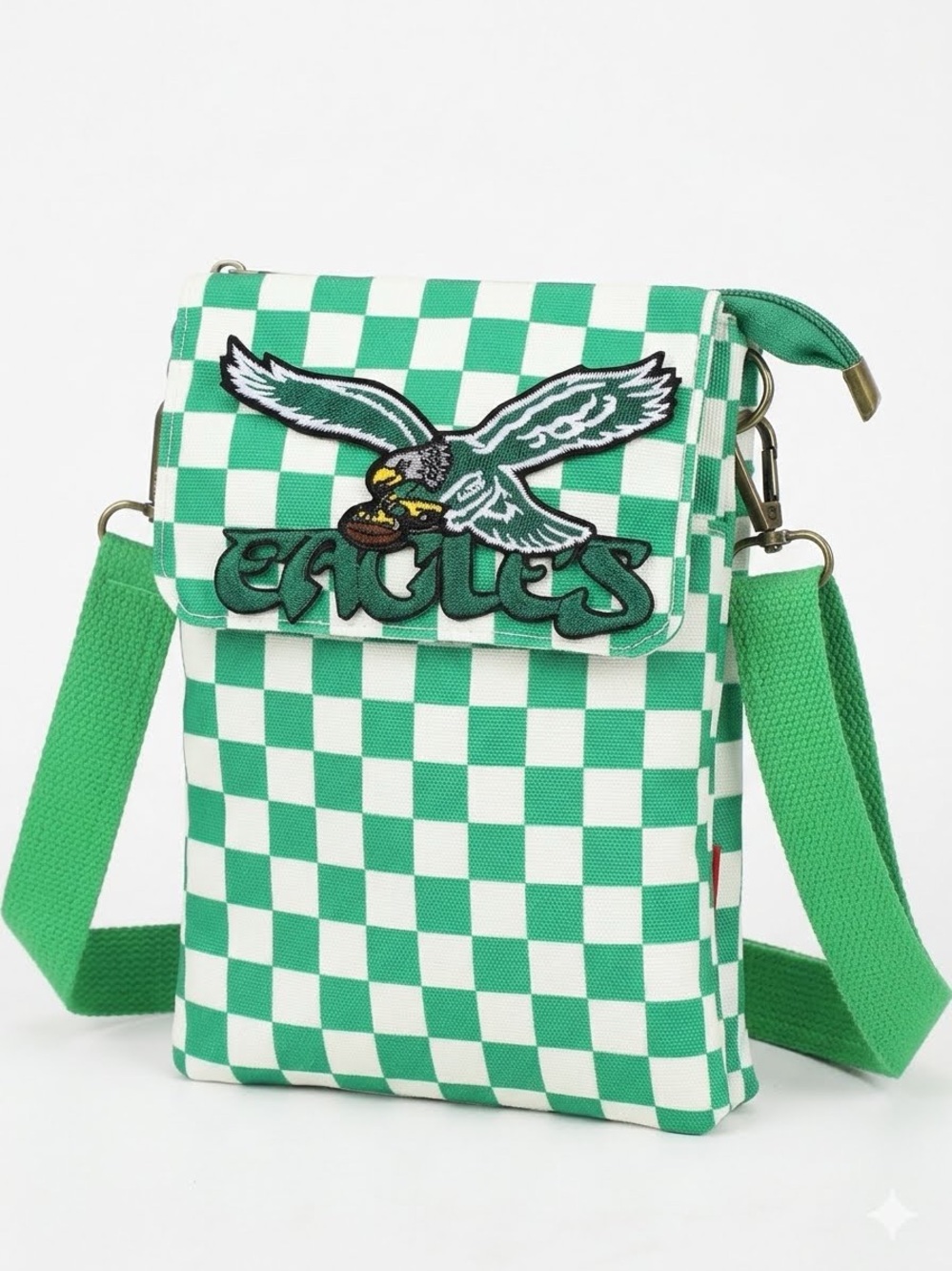 Green Checkerboard Crossbody Bag with Eagle Patch